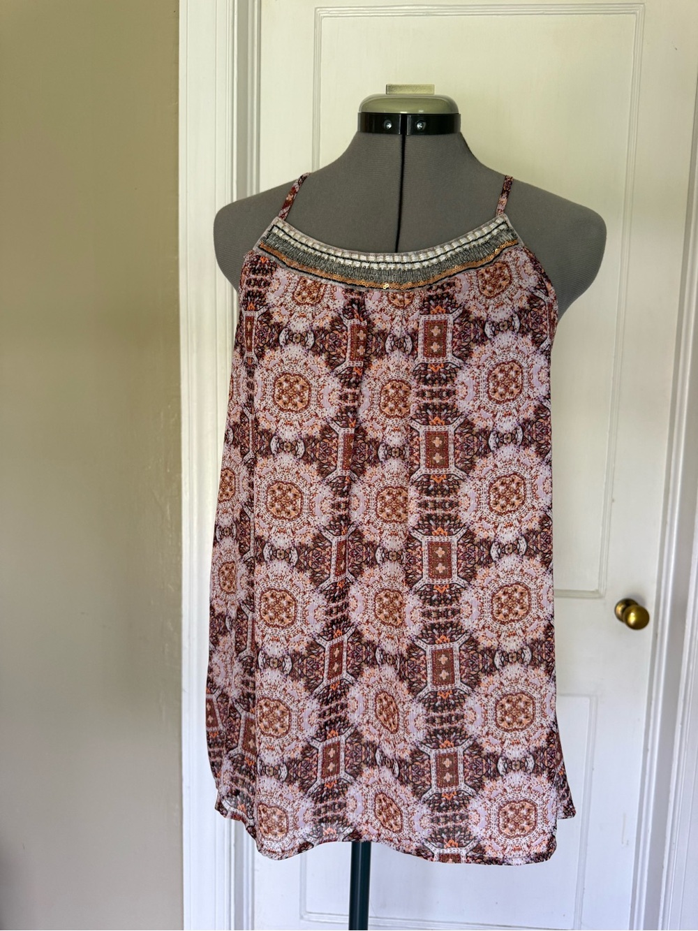Knox Rose Beaded Halter Flowy Camisole - Brown and Pink Mosaic